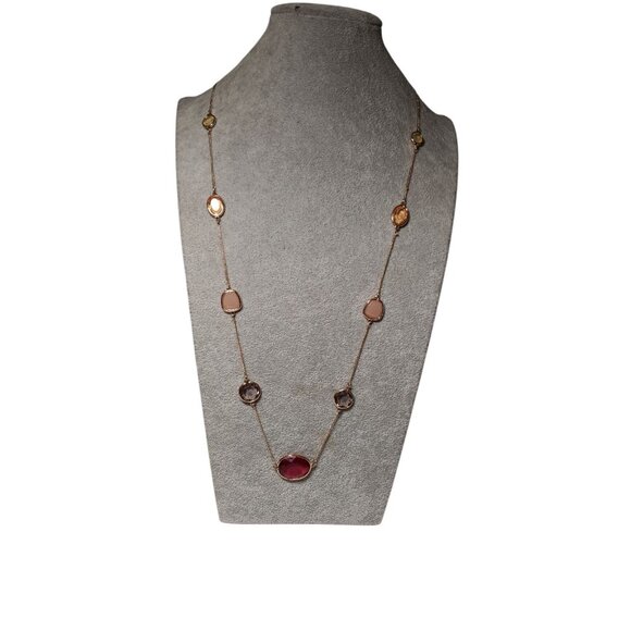 Necklace Long Gold Tone Chain with Glass Bezel Stations of Colorful 42" - Picture 5 of 5